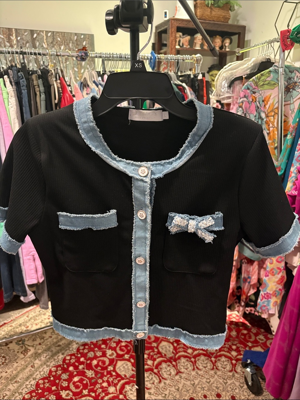 Black Short Sleeve Knit Top with Frayed Denim Trim